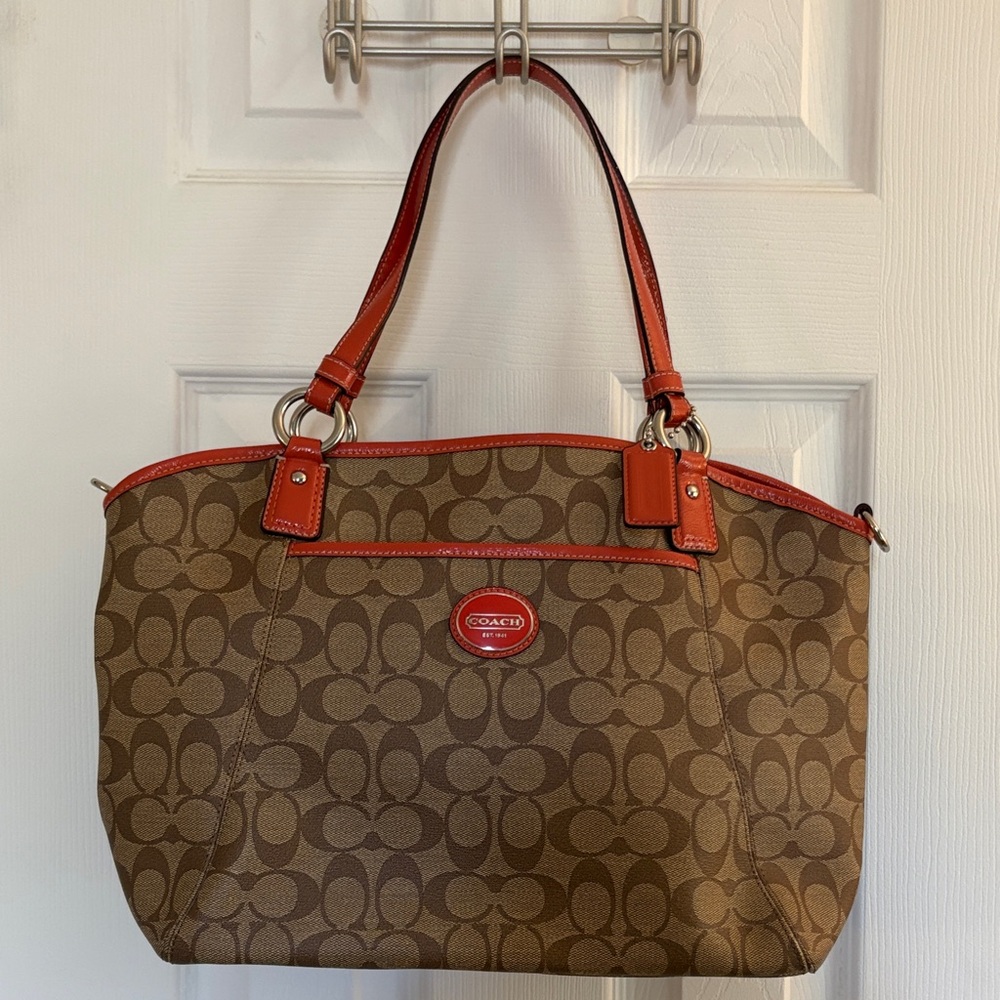 Coach Brown Signature Tote with Orange/Coral Trim